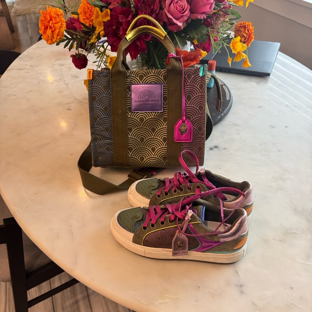 Kurt Geiger Southbank Ombré Rainbow Tote Bag with matching sneakers
